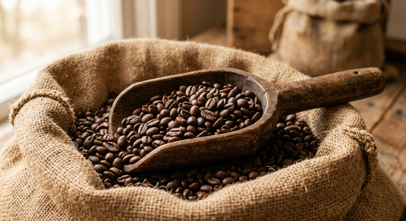 Wooden scoop of roasted coffee beans resting on a burlap sack